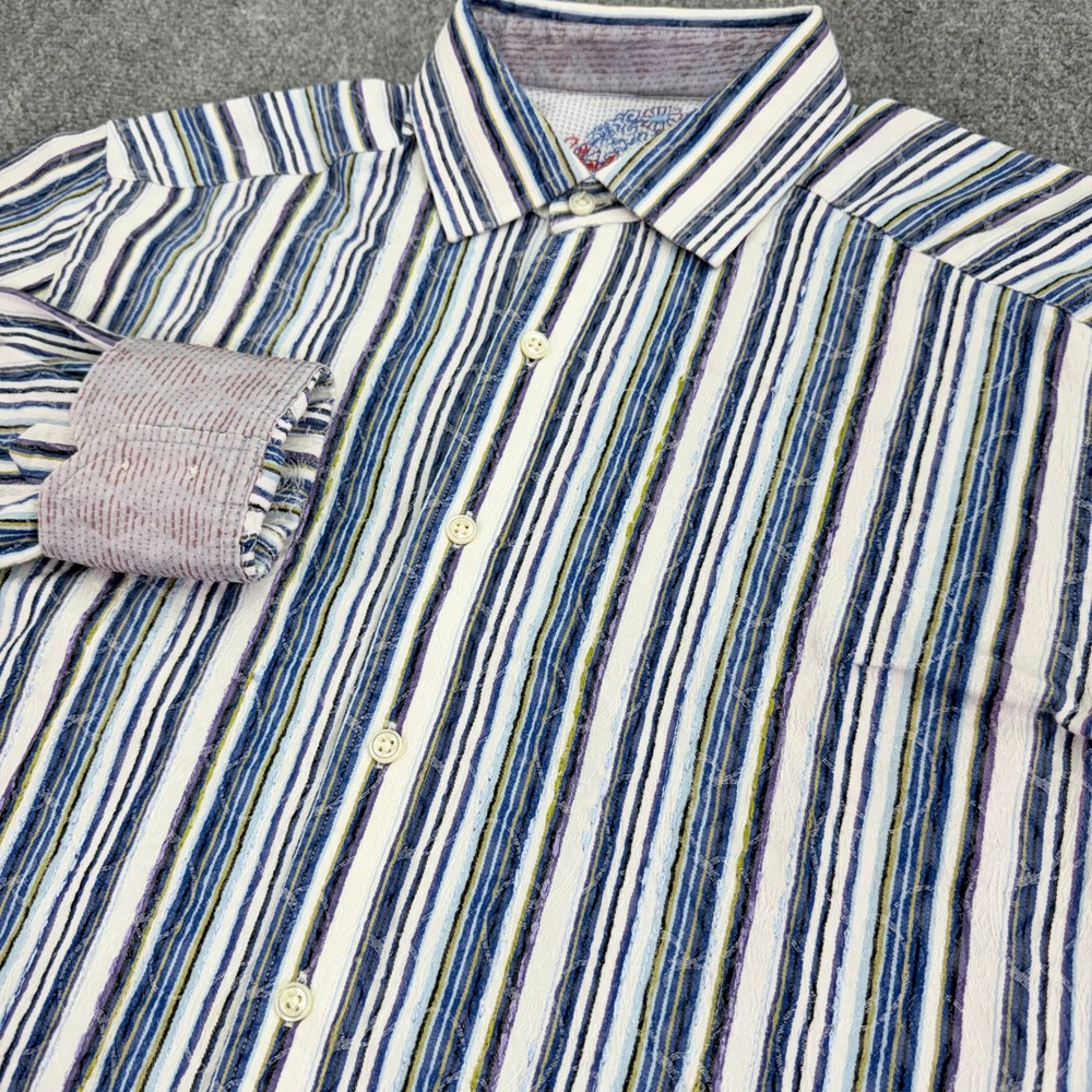 Robert Graham Shirt Mens Large Blue Stripe Flip Cuff Cotton Silk‎ Trim Textured